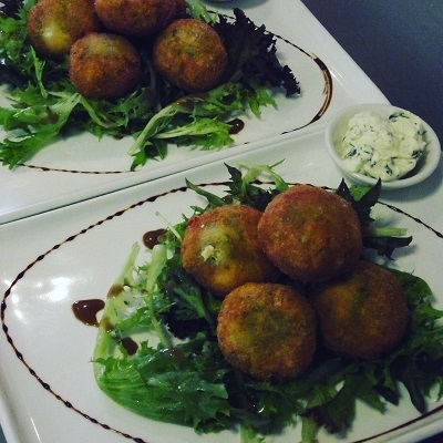 Mint, pea & feta fritters at Rouge Cafe